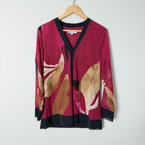 Chicos Burgundy Sheer Button Down Top 1 - Picture 1 of 3